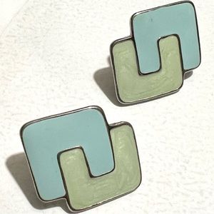 Blue green enamel on silver tone metal vintage post earrings - Vintage jewelry